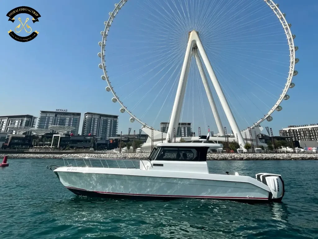 Dubai Fishing Trip Gulf Craft 36 FT in front of the famous Dubai Eye.