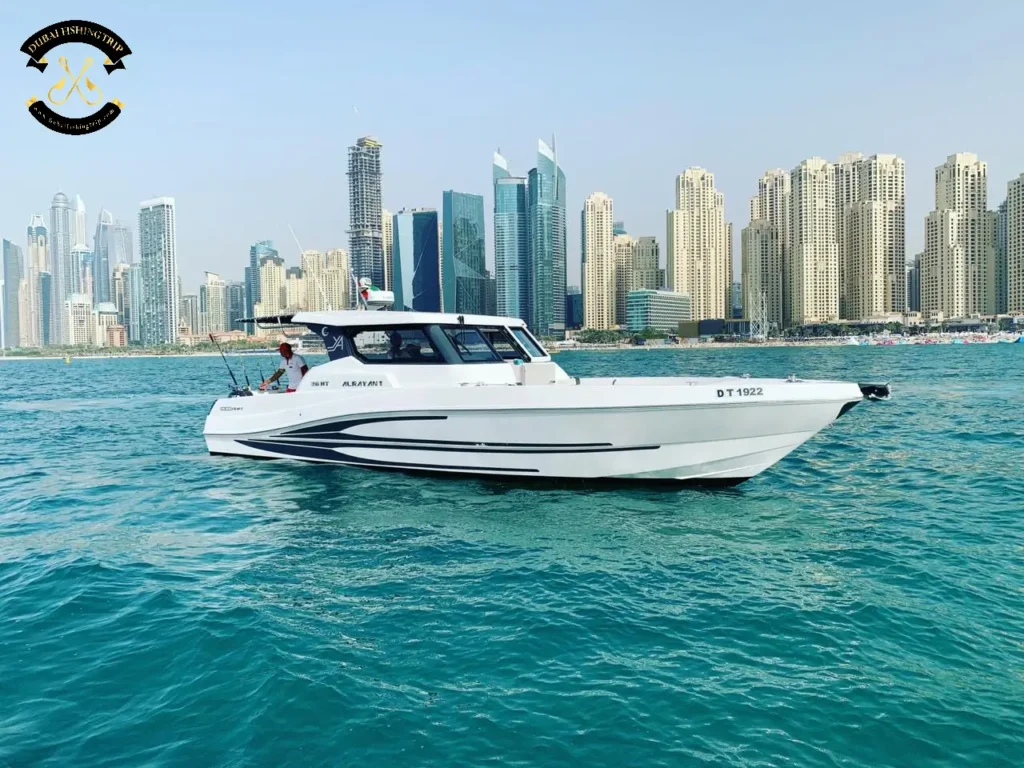 Dubai Fishing Trip Silvercraft 36 FT front side view in front of dubai marina.