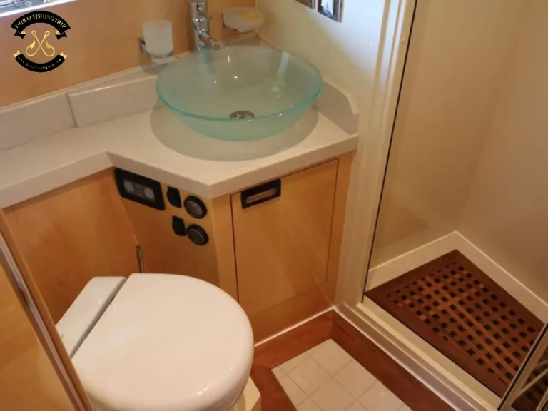 Dubai Fishing Trip. Elite 12 Majesty 56 FT bathroom with toilet.