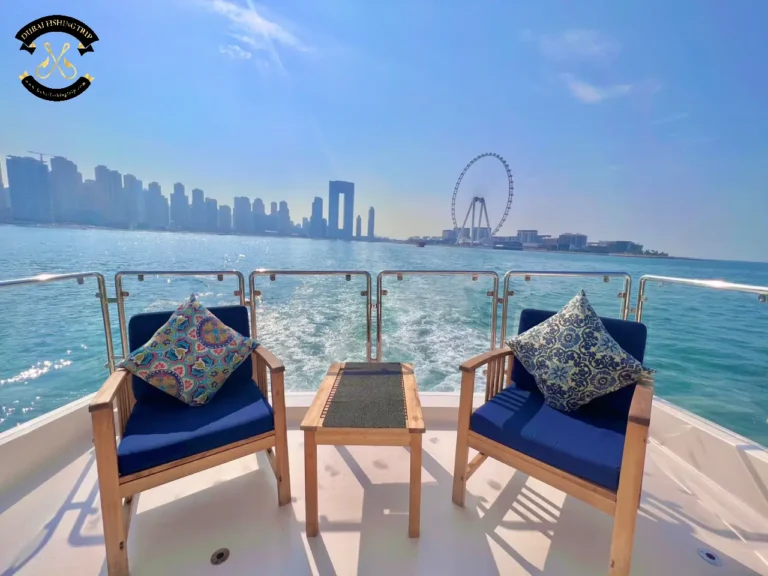 Dubai Fishing Trip. Elite 12 Majesty 56 FT two comfortable seats at the back of the yacht.