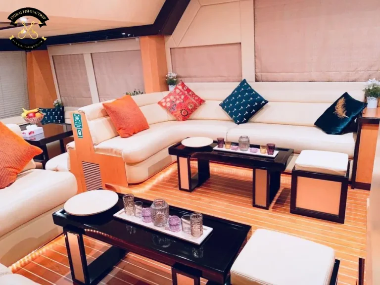 Dubai Fishing Trip. Elite 12 Majesty 56 FT interior with seats and tables.