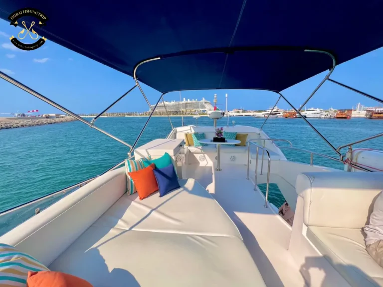 Dubai Fishing Trip. Elite 14 Majesty 44 FT upper deck with seats, pillows and table.