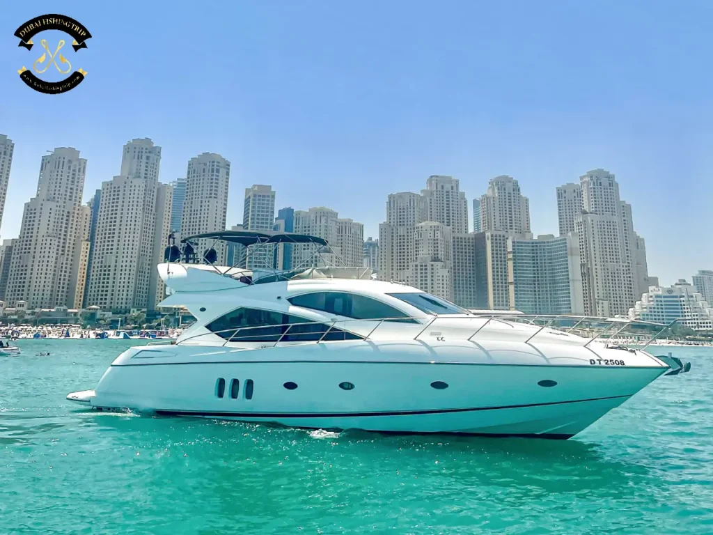 Dubai Fishing Trip. Elite 16 sunseeker 70 FT floating in Dubai waters.
